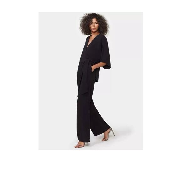 Halston,Sz 8 designer faux wrap connecting elastic waist wide leg cape jumpsuit - Picture 1 of 12